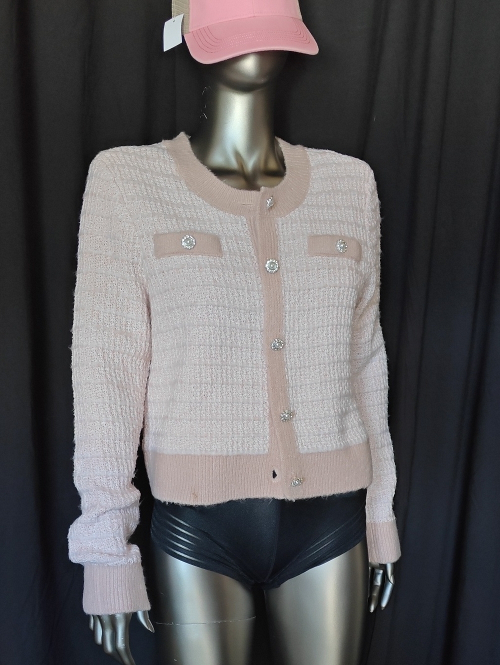 Light Blush Pink Textured Knit Cardigan with Rhinestone Buttons